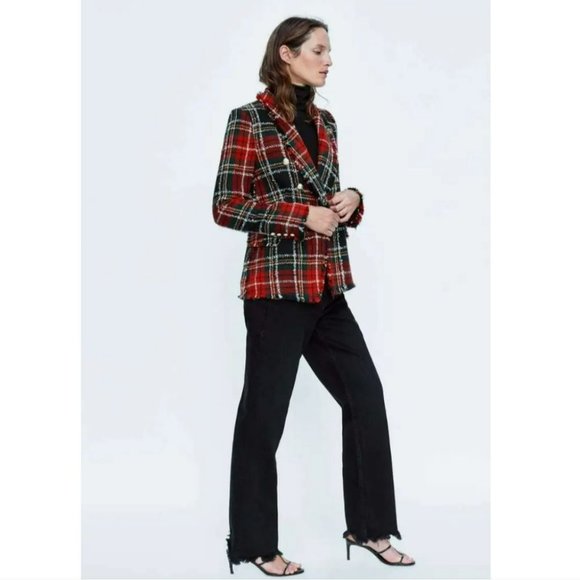 ZARA | RARE Plaid Tweed Red Checkered Frayed Hem Collared Blazer (Size XS) - Picture 8 of 15